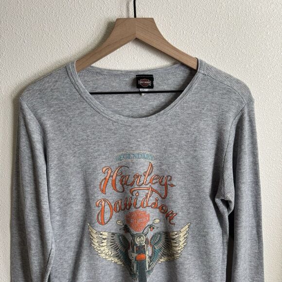 Harley Davidson Top Womens Medium Gray Waffle Knit Harley Graphic Spokane Biker - Picture 2 of 13